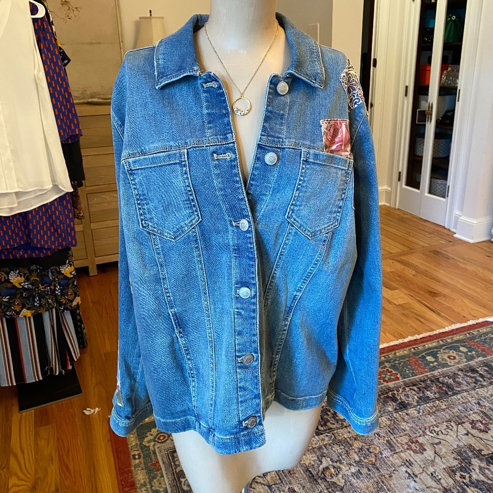 Chico's Blue Denim Jean Jacket with Pink Patch
